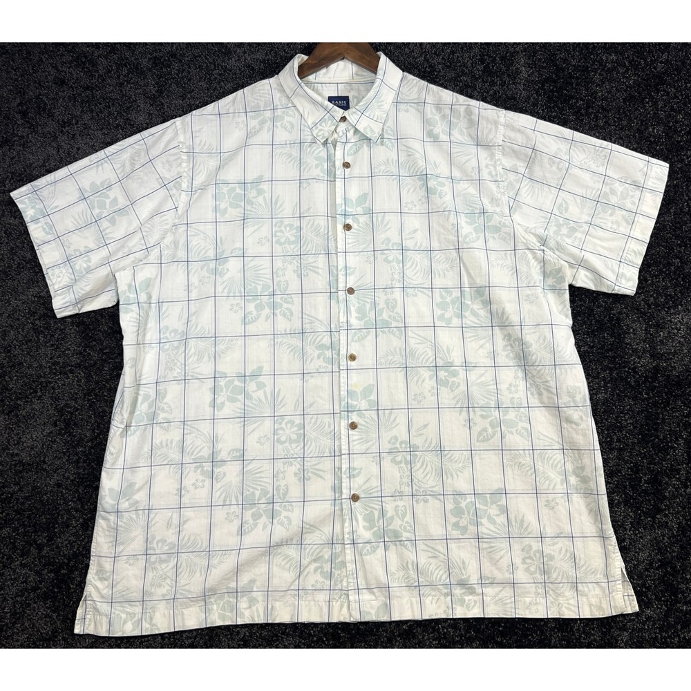 Vintage Basic‎ Editions Mens 2X White Blue Floral Plaid Button Up *slight stains